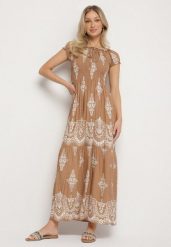 Ciemnobeżowa Wiskozowa Sukienka z Marszczoną Góra i Wzorem Boho Ellifae. Brązowe sukienki damskie Born2be, na spotkanie biznesowe, l, z aplikacjami, z wiskozy, boho, bez kołnierzyka, bez ramiączek, maxi. Za 54.99 zł.