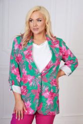Zielona marynarka Carmen w amarantowe liście PLUS SIZE XXL WIOSNA. Czerwone marynarki i żakiety damskie Moda Size Plus Iwanek, bez wzorów, z elastanu, biznesowe, bez kołnierzyka, bez ramiączek. Za 289.90 zł.