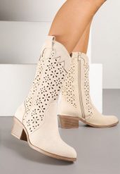 Beżowe Botki Kowbojki na Słupku z Ażurową Cholewką Ravsemi. Brązowe botki damskie Renee, z aplikacjami, z jeansu, bez obcasa, na obcasie, bez zapięcia. Za 129.99 zł.