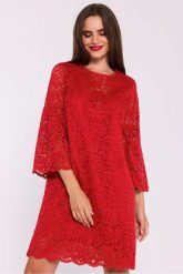 Wieczorowa sukienka koronkowa trapezowa w kolorze czerwonym. Czerwone sukienki damskie Stylove, s, bez wzorów, z koronki, eleganckie, bez kołnierzyka, bez ramiączek, trapezowe. Za 419.00 zł.