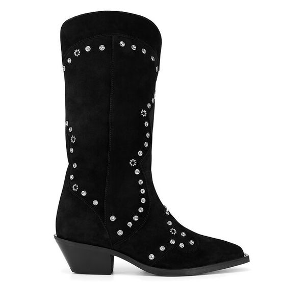 Kozaki Eva Minge. Czarne kozaki damskie Eva Minge, bez wzorów, bez obcasa, na słupku, bez zapięcia. Za 475.99 zł.