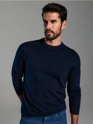 Sweter - granatowy. Niebieskie swetry męskie Sinsay, l, bez wzorów, z bawełny, bez kołnierzyka, bez ramiączek. Za 19.99 zł.