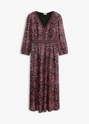 Sukienka z dżerseju z dekoltem w serek. Czarne sukienki damskie bonprix, bez wzorów, z dżerseju, bez kołnierzyka, bez ramiączek, midi. Za 179.99 zł.