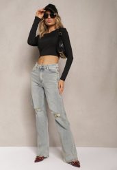 Jasnoniebieskie Jeansy z Bawełny o Szerokim Kroju Wykończone Dziurami Navilores. Niebieskie jeansy damskie Renee, bez wzorów, z bawełny. Za 64.99 zł.