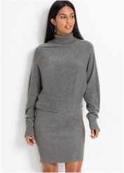 Sukienka dzianinowa. Niebieskie sukienki damskie bonprix, bez wzorów, z dzianiny, eleganckie, bez kołnierzyka, bez ramiączek. Za 137.99 zł.
