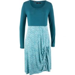 Sukienka shirtowa z długim rękawem bonprix niebieskozielony morski z nadrukiem. Niebieskie sukienki damskie bonprix, bez wzorów, bez kołnierzyka, bez ramiączek. Za 44.99 zł.