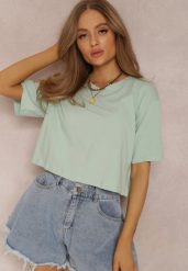 Miętowy T-shirt Phelista. Zielone t-shirty damskie Renee, l, bez wzorów, z jeansu, klasyczne, bez kołnierzyka, bez ramiączek. Za 34.99 zł.