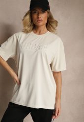 Jasnobeżowa Bawełniana Koszulka T-shirt z Tłoczonym Napisem Lunorina. Brązowe bluzki damskie Renee, l, z aplikacjami, z bawełny, eleganckie, bez kołnierzyka, bez ramiączek. Za 44.99 zł.