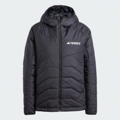 Kurtka Terrex Multi Synthetic Insulated Hooded. Czarne kurtki sportowe damskie Adidas, s, bez wzorów, z materiału, bez ramiączek, bez kaptura, trekkingowe. Za 397.50 zł.