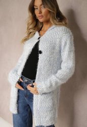 Jasnoniebieski Zapinany Kardigan z Kapturem i Kieszeniami Naustinas. Niebieskie kardigany damskie Renee, na zimę, bez wzorów, bez kołnierzyka. Za 59.99 zł.