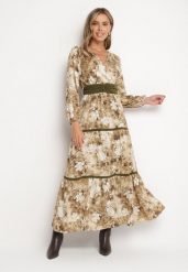 Beżowa Kopertowa Rozkloszowana Sukienka Ozdobiona Paskiem i Falbanami Fezisia. Brązowe sukienki damskie Born2be, l, bez wzorów, eleganckie, bez kołnierzyka, bez ramiączek, maxi, kopertowe. Za 119.99 zł.