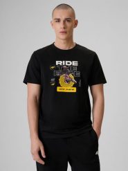 4F T-shirt relaxed z nadrukiem męski - czarny M. Czarne t-shirty męskie 4F, m, bez wzorów, z bawełny, bez kołnierzyka, bez ramiączek. Za 79.99 zł.