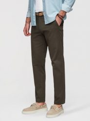 Spodnie męskie chino REGULAR FIT z delikatną strukturą – ciemnozielone V4 - Rozmiar: S. Zielone eleganckie spodnie męskie Ombre Clothing, bez wzorów, z bawełny. W wyprzedaży za 265.99 zł.