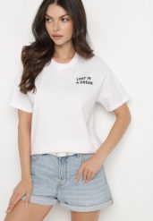 Biało-Różowy Bawełniany T-shirt z Napisami Hallena. Białe t-shirty damskie Born2be, l, bez wzorów, z bawełny, biznesowe, bez kołnierzyka, bez ramiączek. Za 49.99 zł.