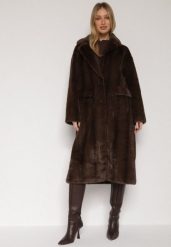 Brązowy Płaszcz Futerko o Kroju Oversize z Kieszeniami z Klapami Namys. Brązowe płaszcze damskie Born2be, l, bez wzorów, z futra, bez kołnierzyka, bez kaptura. Za 289.99 zł.
