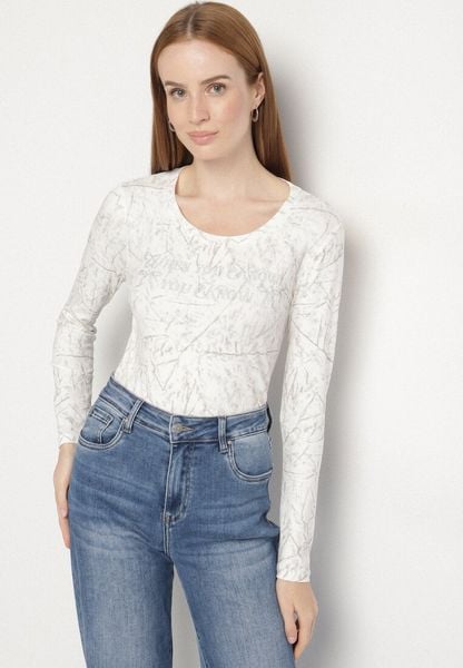 Biała Bluzka Typu Longsleeve z Geometrycznym Wzorem Unila. Białe bluzki damskie Born2be, l, bez wzorów, z jeansu, biznesowe, bez kołnierzyka, bez ramiączek. Za 44.99 zł.