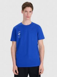 4F T-shirt regular z nadrukiem męski - niebieski L. Niebieskie koszulki sportowe męskie 4F, l, bez wzorów, z bawełny, bez kołnierzyka, bez ramiączek. Za 59.99 zł.