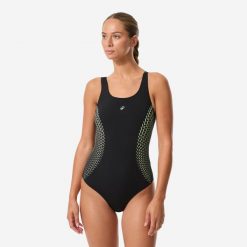Strój jednoczęściowy pływacki damski Nabaiji Kimy Cuti. Czarne stroje kąpielowe damskie Decathlon, s, bez wzorów, z elastanu. Za 119.99 zł.