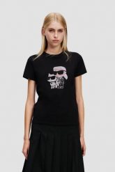 KARL LAGERFELD Сzarny damski t-shirt z cyrkoniami Ikon Duo. Czarne t-shirty damskie KARL LAGERFELD, s, bez wzorów, bez kołnierzyka, bez ramiączek. W wyprzedaży za 279.99 zł.