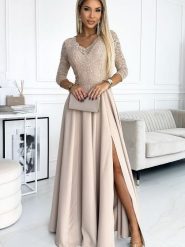 Sukienka Model Amber 309-10 Beige - Numoco. Brązowe sukienki damskie Numoco, na co dzień, l, bez wzorów, z elastanu, eleganckie, bez kołnierzyka, plus size, bez ramiączek, maxi, proste. Za 726.43 zł.
