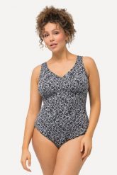 Damski Strój kąpielowy liście miękkie miseczki głębokie wycięcie na plecach. Czarne stroje kąpielowe damskie Ulla Popken, plus size, bez wzorów, z elastanu. Za 191.99 zł.
