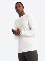 Sweter męski raglan z prążkowanymi rękawami – biały V1 OM-SWSW-0144 - XXL. Białe swetry męskie Ombre Clothing, l, z aplikacjami, z bawełny, bez kołnierzyka, bez ramiączek. W wyprzedaży za 79.99 zł.