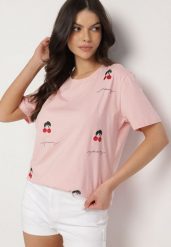 Różowy Bawełniany T-shirt Zdobiony Haftem z Motywem w Wiśnie Nevianira. Czerwone t-shirty damskie Born2be, m, z aplikacjami, z bawełny, bez kołnierzyka, bez ramiączek. Za 34.99 zł.