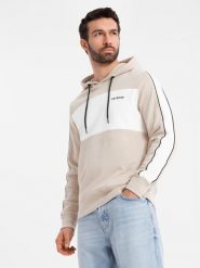 Bawełniana męska bluza z kapturem z kontrastującymi elementami - beżowa V2 OM-SSNZ-0225 S. Brązowe bluzy męskie Ombre, m, bez wzorów, z bawełny, z kapturem. Za 347.95 zł.