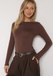 Brązowa Bluzka Typu Longsleeve Lisfia. Brązowe bluzki damskie Born2be, m, bez wzorów, z bawełny, biznesowe, bez kołnierzyka, bez ramiączek. Za 59.99 zł.