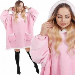 Springos Kocobluza damska oversize koc bluza 2w1 z kapturem ciepła różowa UNIWERSALNY. Czerwone bluzy damskie Springos, uniwersalny, bez wzorów, bez ramiączek, z kapturem. Za 77.53 zł.