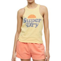 Koszulka treningowa damska Superdry Vintage Cooper Classic. Żółte bluzki damskie Superdry, bez wzorów, sportowe, bez kołnierzyka, bez ramiączek. W wyprzedaży za 73.00 zł.