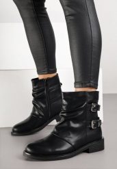 Czarne Botki w Motocyklowym Stylu z Klamrami Tuloriel. Czarne botki damskie Born2be, bez wzorów, z jeansu, rockowe, bez obcasa, na płaskiej podeszwie, bez zapięcia. Za 159.99 zł.