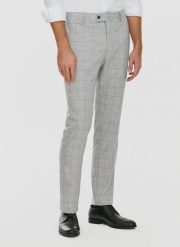PAKO LORENTE – Szare garniturowe spodnie męskie w kratę. Szare eleganckie spodnie męskie Pako Lorente, m, bez wzorów, z elastanu, biznesowe. Za 299.99 zł.
