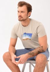 T-shirt z printem T-NAVI. Brązowe t-shirty męskie Volcano, l, bez wzorów, z bawełny, bez kołnierzyka, bez ramiączek. Za 59.99 zł.