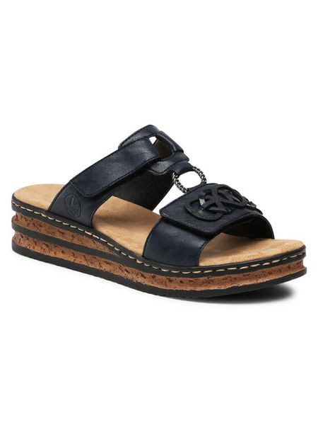 Rieker Klapki 62936-14 Granatowy. Niebieskie klapki damskie Rieker, bez wzorów, z materiału, bez obcasa, bez zapięcia. Za 239.99 zł.