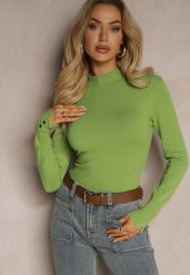 Zielony Sweter z Półgolfem i Ozdobnymi Guzikami Delahra. Zielone swetry nierozpinane damskie Renee, m, bez wzorów, z jeansu, eleganckie, bez kołnierzyka, bez ramiączek. Za 59.99 zł.