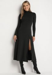 Czarna Sukienka z Półgolfem Taliowana z Rozcięciem na Boku Sailea. Czarne sukienki damskie Born2be, na co dzień, l, bez wzorów, eleganckie, bez kołnierzyka, bez ramiączek, midi. Za 139.99 zł.