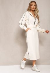 Jasnobeżowy Komplet w Sportowym Stylu z Krótką Bluzą i Spódnicą Ołówkową Priggida. Brązowe bluzy damskie Renee, l, bez wzorów, sportowe, bez ramiączek, z kapturem. Za 109.99 zł.