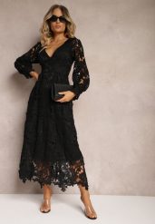Czarna Rozkloszowana Sukienka Retro z Ażurowej Koronki Meliris. Czarne sukienki damskie Renee, na imprezę, m, w ażurowe wzory, z koronki, eleganckie, bez kołnierzyka, bez ramiączek, midi, rozkloszowane. Za 259.99 zł.