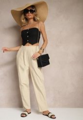 Beżowe Spodnie z Bawełny High Waist Sonirea. Brązowe spodnie materiałowe damskie Renee, bez wzorów, z bawełny, z podwyższonym stanem. Za 39.99 zł.