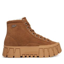 Trzewiki Tommy Jeans. Brązowe botki damskie Tommy Jeans, bez wzorów, z jeansu, bez obcasa, na płaskiej podeszwie, bez zapięcia. Za 489.99 zł.