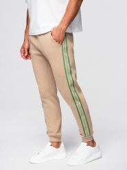 Sportowe spodnie męskie jogger z lampasami – brązowe V1 - Rozmiar: M. Brązowe spodnie sportowe męskie Ombre Clothing, m, bez wzorów, z bawełny. Za 219.99 zł.