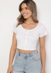 Biały Bawełniany T-shirt o Dopasowanym Kroju z Guzikami Filareina. Białe t-shirty damskie Born2be, l, bez wzorów, z bawełny, eleganckie, bez kołnierzyka, bez ramiączek. Za 34.99 zł.