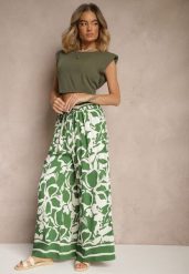 Zielone Spodnie o Szerokim Kroju High Waist w Kwiaty Nelrive. Zielone spodnie materiałowe damskie Renee, z aplikacjami, z jeansu, eleganckie, z podwyższonym stanem. Za 44.99 zł.