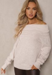 Beżowy Sweter z Wiskozą i Wełną Ozdobiony Wywiniętym Dekoltem Ravarienne. Brązowe swetry nierozpinane damskie Renee, na zimę, m, bez wzorów, z wełny, casualowe, bez kołnierzyka, bez ramiączek. Za 84.99 zł.