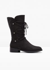 Kozaki sznurowane. Czarne kozaki damskie bonprix, bez wzorów, bez obcasa, bez zapięcia. Za 189.99 zł.