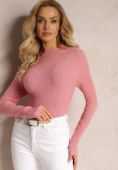 Różowy Dopasowany Sweter z Prążkami i Ozdobnym Tłoczeniem Linametta. Czerwone swetry nierozpinane damskie Renee, bez wzorów, z jeansu, casualowe, bez kołnierzyka, bez ramiączek. Za 49.99 zł.