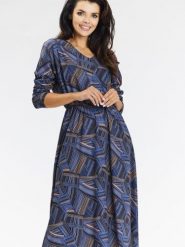 Sukienka Model A666 Navy/Brown Pattern - awama. Brązowe sukienki damskie Awama, do pracy, l, bez wzorów, z elastanu, biznesowe, bez kołnierzyka, bez ramiączek, midi. Za 343.20 zł.