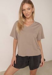 Beżowy T-shirt z Bawełny z Trójkątnym Dekoltem Siliphe. Brązowe t-shirty damskie Born2be, uniwersalny, bez wzorów, z bawełny, biznesowe, bez kołnierzyka, bez ramiączek. Za 79.99 zł.