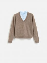 Sweter z koszulową wstawką - brązowy. Brązowe swetry nierozpinane damskie Reserved, l, bez wzorów, z dzianiny, bez kołnierzyka, bez ramiączek. Za 129.99 zł.